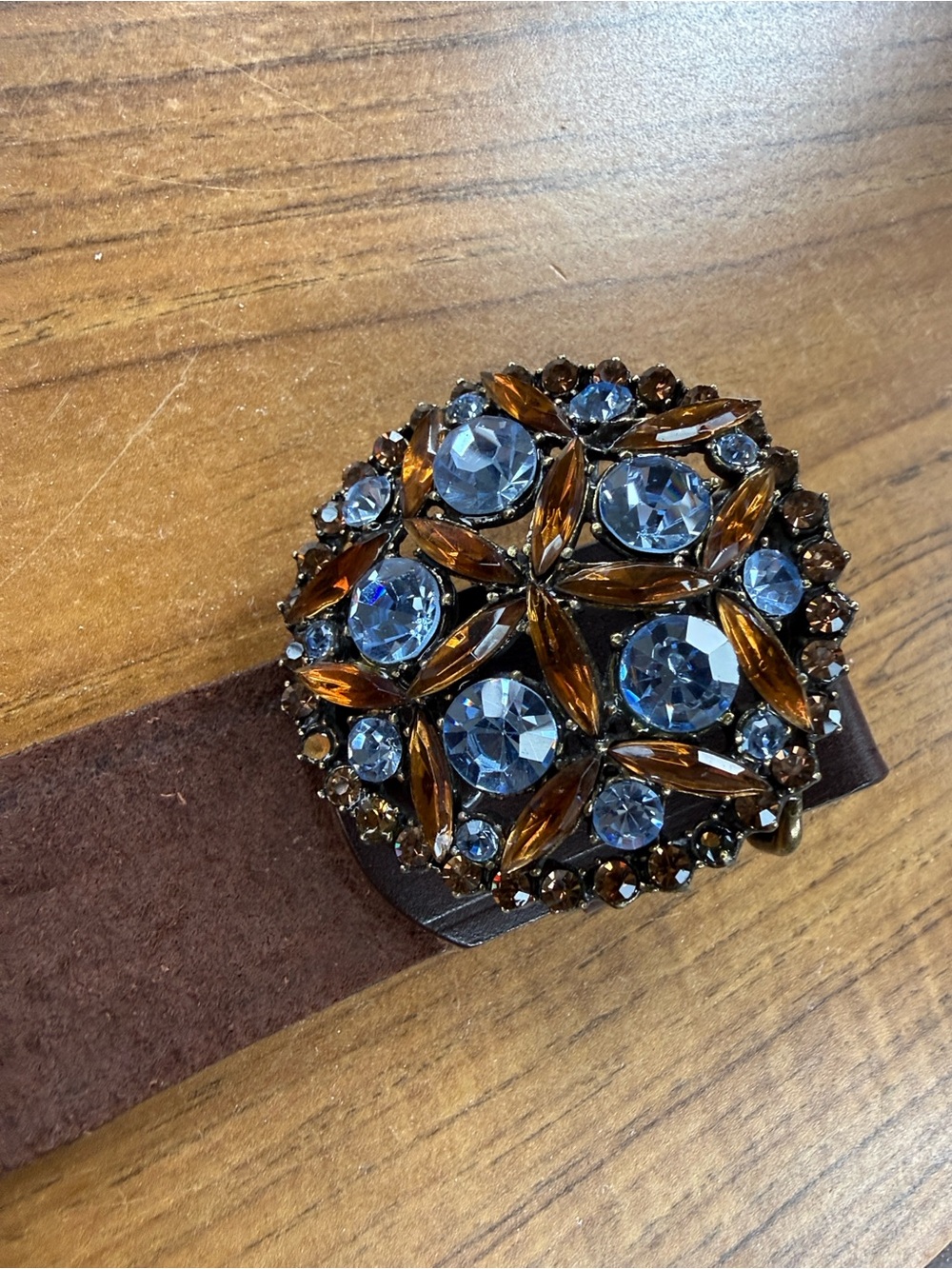 B-Low the Belt Blue and Amber Crystal Round Brooch Pin
